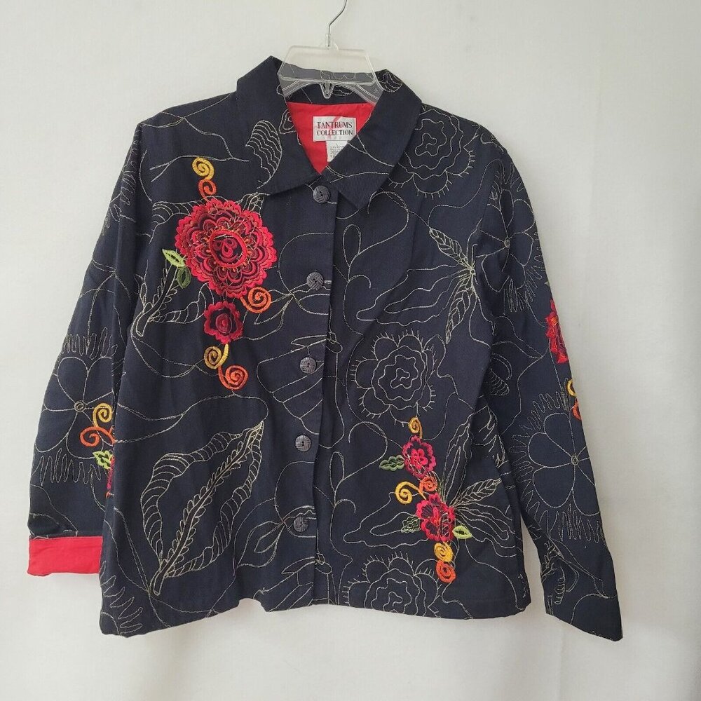 Tantrums Collection‎ Embroidered Floral Jacket Navy Red Cotton Womens Size L
